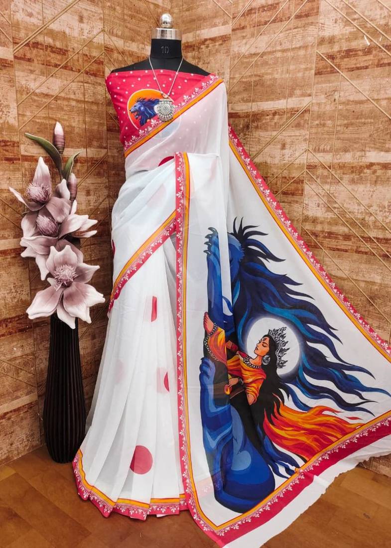 White blue soft georgette saree with durga pooja digital print & blouse