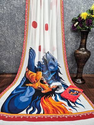 White blue soft georgette saree with durga pooja digital print & blouse 2