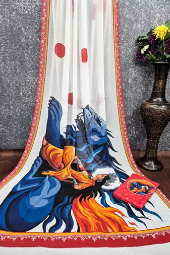 White blue soft georgette saree with durga pooja digital print & blouse