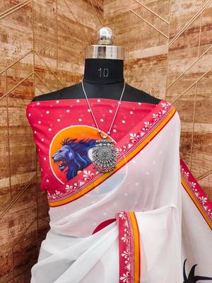 White blue soft georgette saree with durga pooja digital print & blouse 3