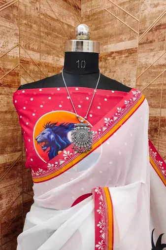White blue soft georgette saree with durga pooja digital print & blouse