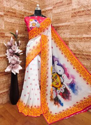 White yellow soft georgette digital printed saree 1