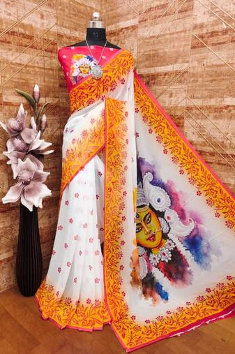 White yellow soft georgette digital printed saree