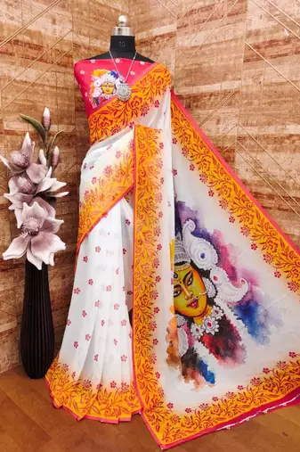 White yellow soft georgette digital printed saree