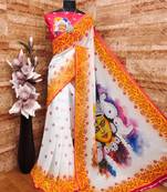 White yellow soft georgette digital printed saree