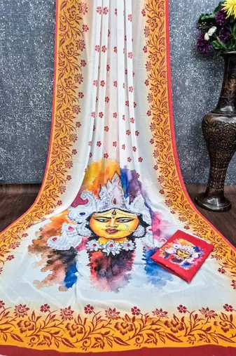 White yellow soft georgette digital printed saree