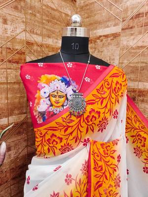 White yellow soft georgette digital printed saree 3