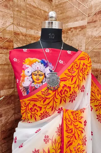 White yellow soft georgette digital printed saree