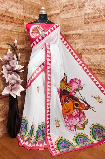 White pink soft durga pooja digital printed georgette saree