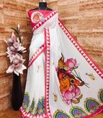 White pink soft durga pooja digital printed georgette saree