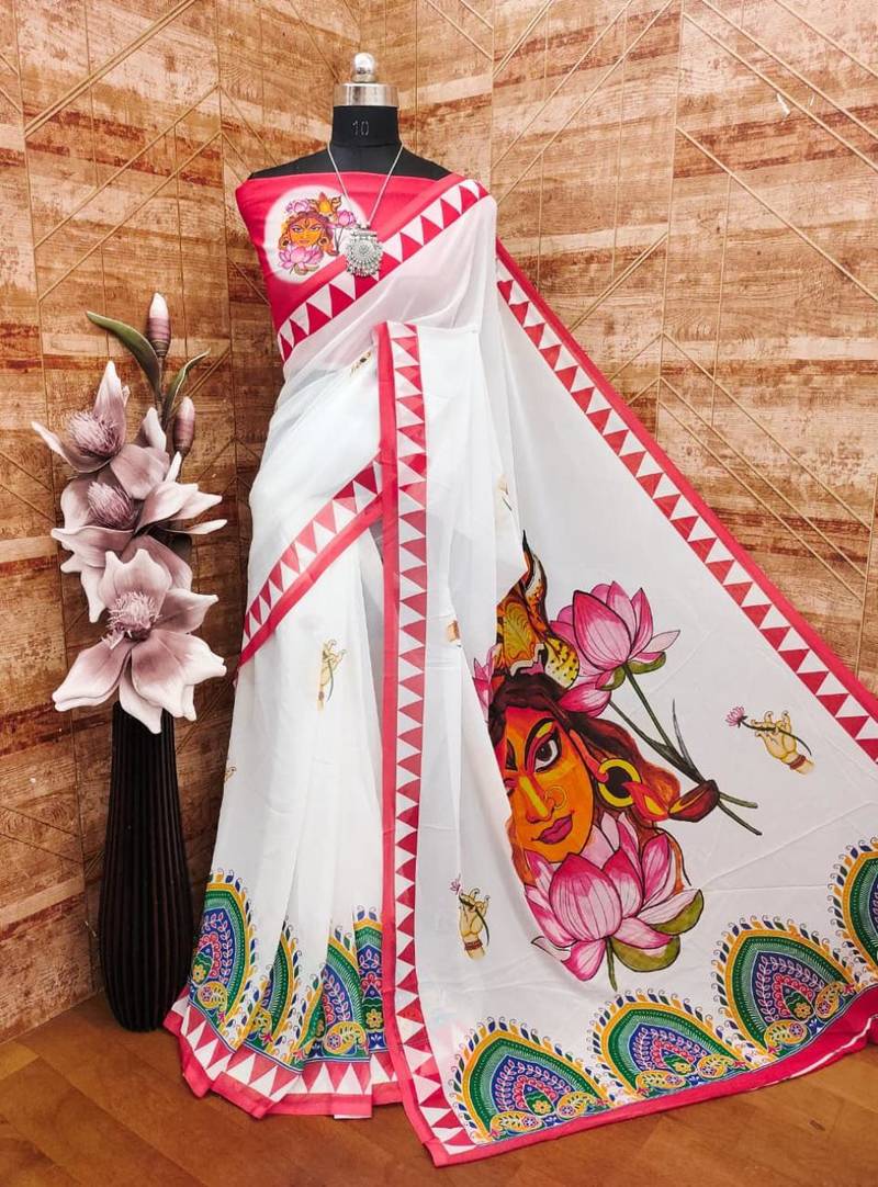 White pink soft durga pooja digital printed georgette saree