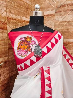 White pink soft durga pooja digital printed georgette saree 2
