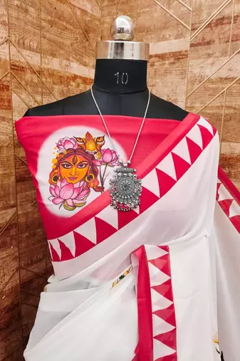 White pink soft durga pooja digital printed georgette saree