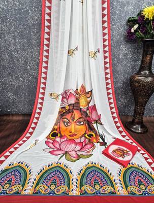 White pink soft durga pooja digital printed georgette saree 3