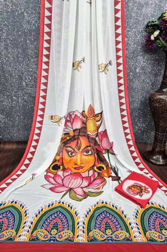 White pink soft durga pooja digital printed georgette saree