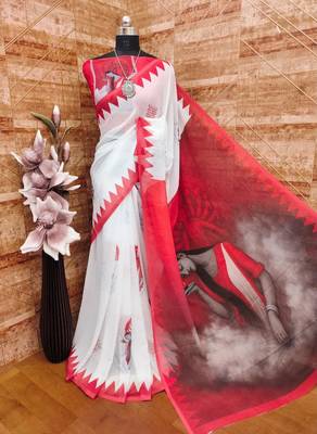 White red soft durga pooja digital printed georgette saree with blouse 1