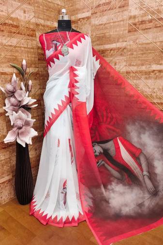 White red soft durga pooja digital printed georgette saree with blouse