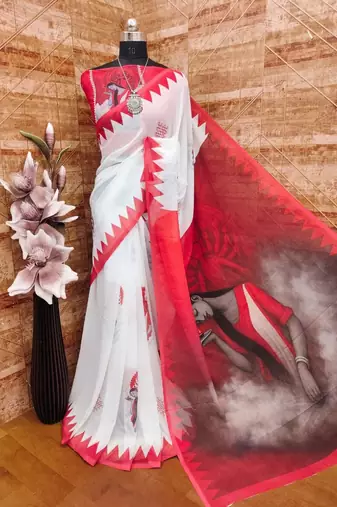 White red soft durga pooja digital printed georgette saree with blouse