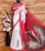 White red soft durga pooja digital printed georgette saree with blouse