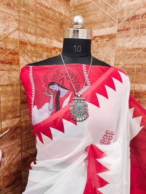 White red soft durga pooja digital printed georgette saree with blouse 2