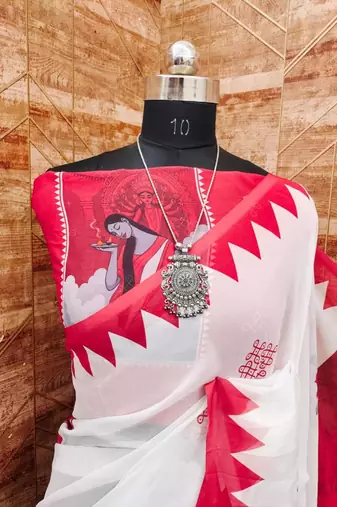 White red soft durga pooja digital printed georgette saree with blouse