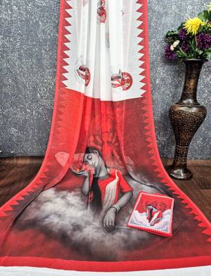 White red soft durga pooja digital printed georgette saree with blouse 3