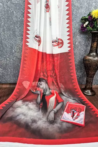 White red soft durga pooja digital printed georgette saree with blouse