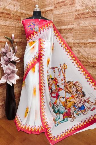 White red color durga pooja digital printed georgette saree