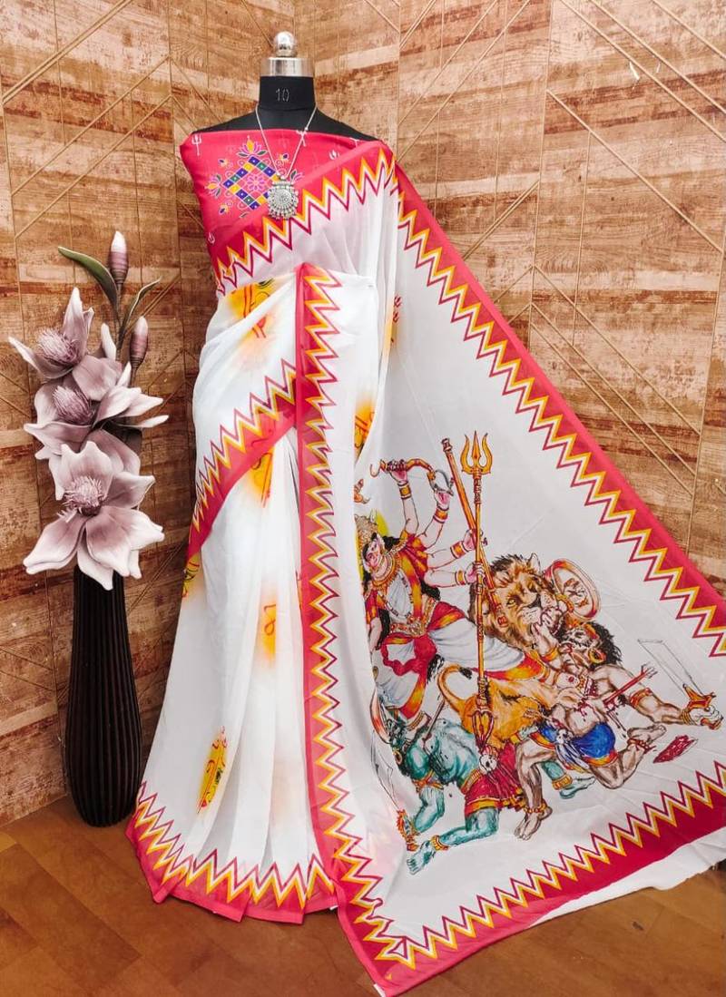 White red color durga pooja digital printed georgette saree