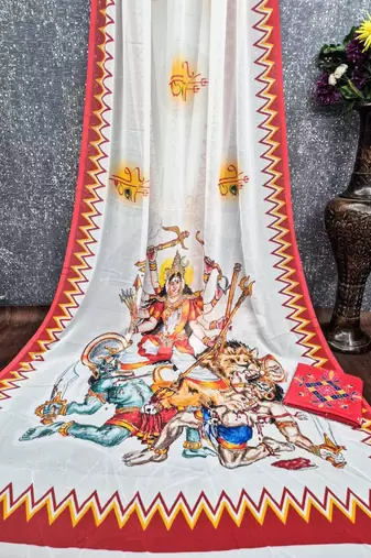 White red color durga pooja digital printed georgette saree