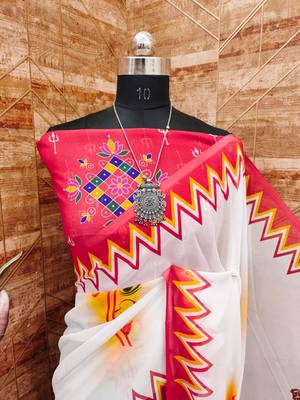 White red color durga pooja digital printed georgette saree 3