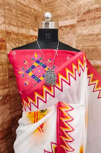 White red color durga pooja digital printed georgette saree
