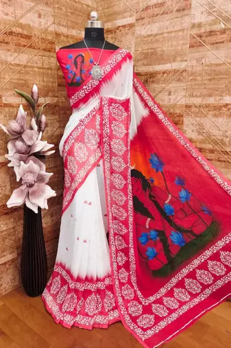 White red durga pooja digital printed georgette saree