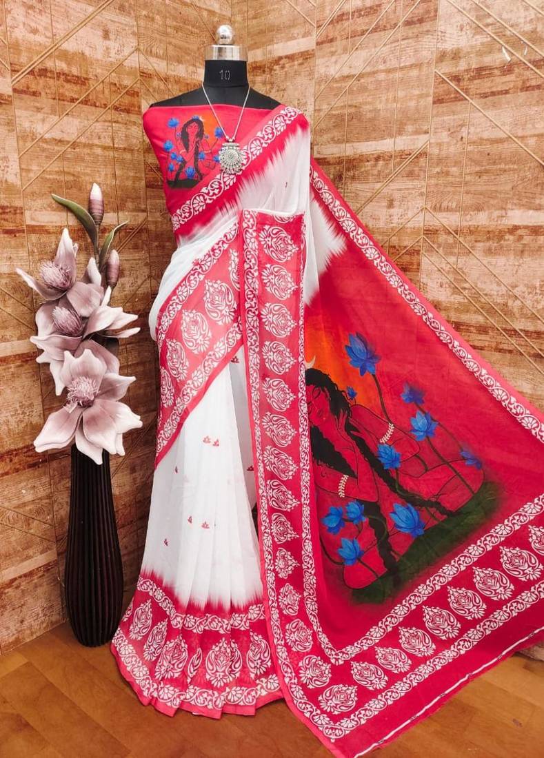 White red durga pooja digital printed georgette saree