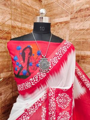 White red durga pooja digital printed georgette saree 2