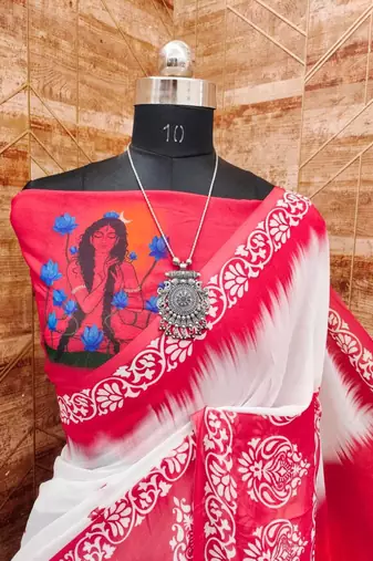 White red durga pooja digital printed georgette saree