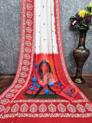 White red durga pooja digital printed georgette saree 3