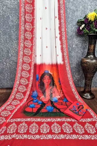 White red durga pooja digital printed georgette saree