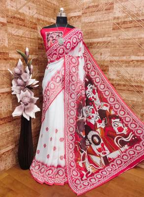 White red durga pooja digital printed georgette saree with blouse 1