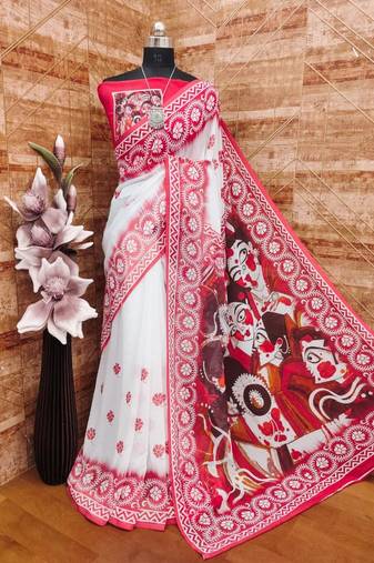 White red durga pooja digital printed georgette saree with blouse