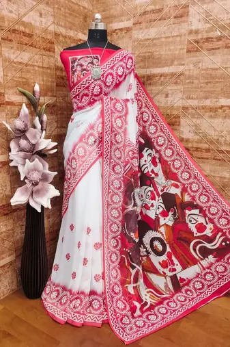 White red durga pooja digital printed georgette saree with blouse