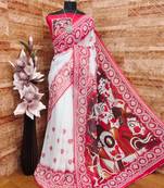 White red durga pooja digital printed georgette saree with blouse