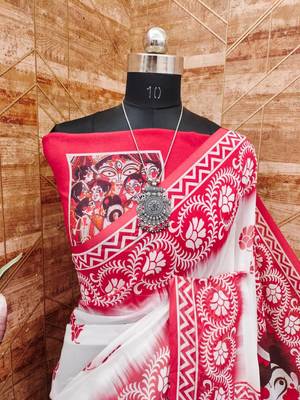 White red durga pooja digital printed georgette saree with blouse 2