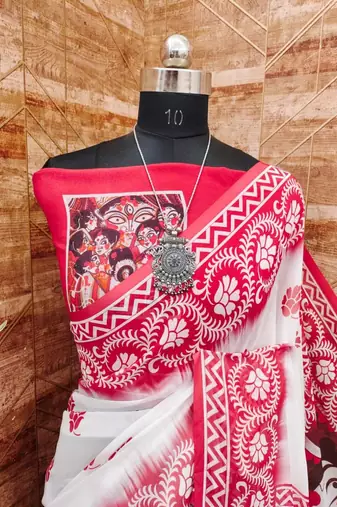 White red durga pooja digital printed georgette saree with blouse
