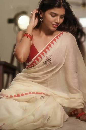 White red digital printed maa durga motif linen cotton saree