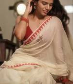 White red digital printed maa durga motif linen cotton saree