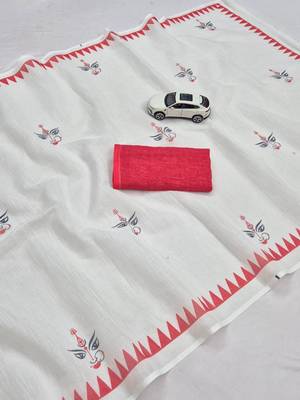 White red digital printed maa durga motif linen cotton saree 3