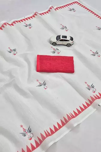 White red digital printed maa durga motif linen cotton saree