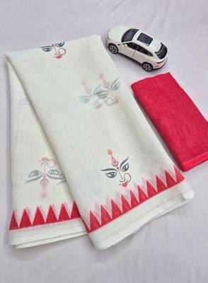 White red digital printed maa durga motif linen cotton saree 4