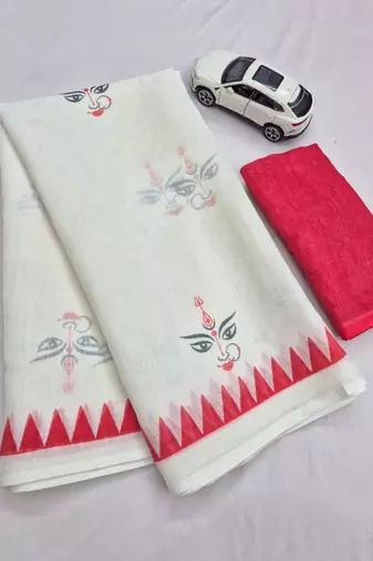 White red digital printed maa durga motif linen cotton saree